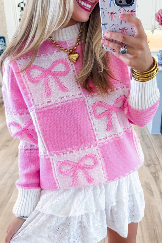 Pink Bow Knot Two Tone Checkered Crew Neck Sweater-Sweaters & Cardigans/Sweaters-[Adult]-[Female]-Pink-S-2022 Online Blue Zone Planet