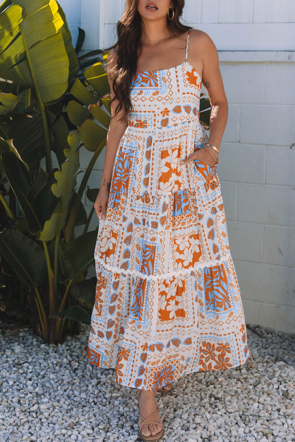 Orange Multi Printed Ricrac Trim Spaghetti Straps Maxi Dress Orange / XL / 100%Polyester