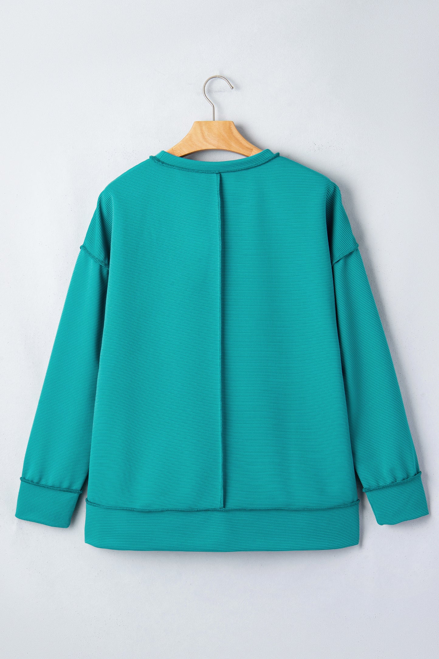 Sea Green Horizontal Ribbed Exposed Seam Detail Drop Shoulder Baggy Pullover-Tops/Long Sleeve Tops-[Adult]-[Female]-2022 Online Blue Zone Planet