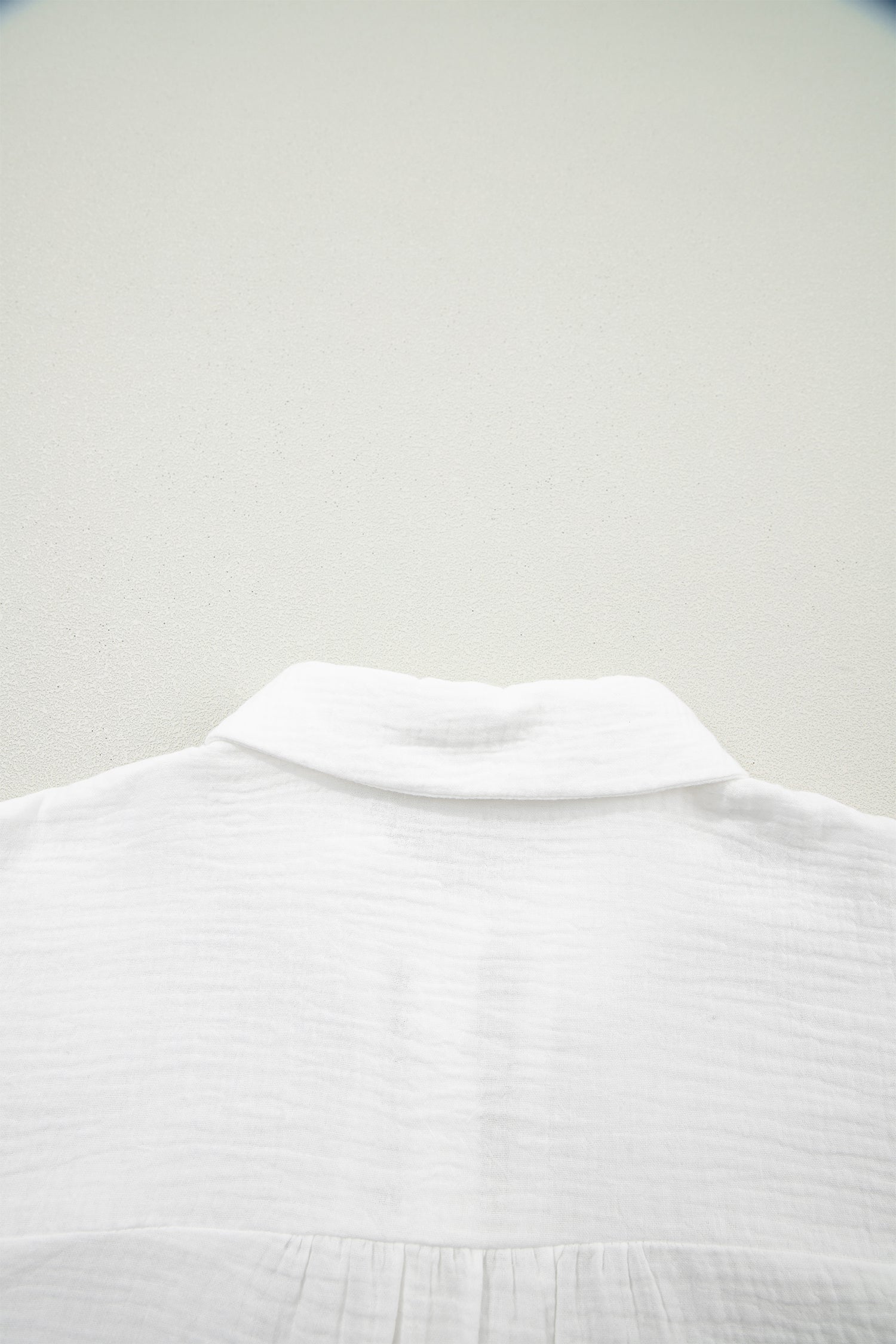 White Lace Trim Cuffed Short Sleeve Textured Shirt-Tops/Blouses & Shirts-[Adult]-[Female]-2022 Online Blue Zone Planet