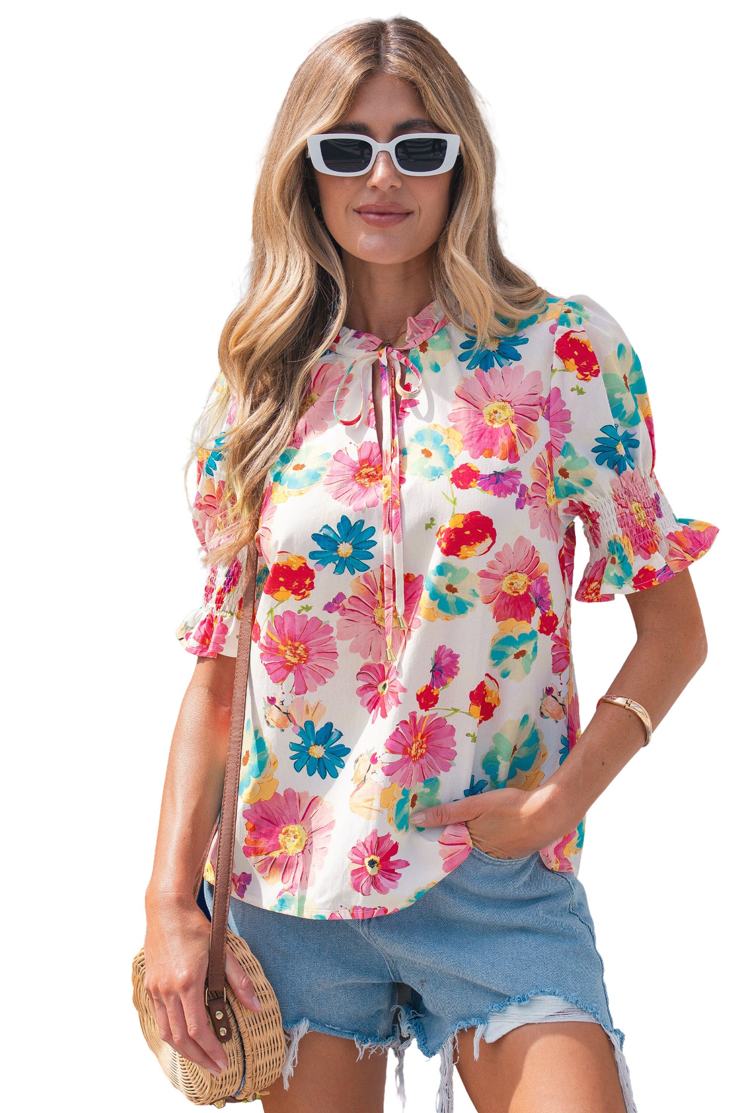 Beige Vibrant Summer Floral Tie V Neck Short Puff Sleeve Blouse-Tops/Blouses & Shirts-[Adult]-[Female]-2022 Online Blue Zone Planet