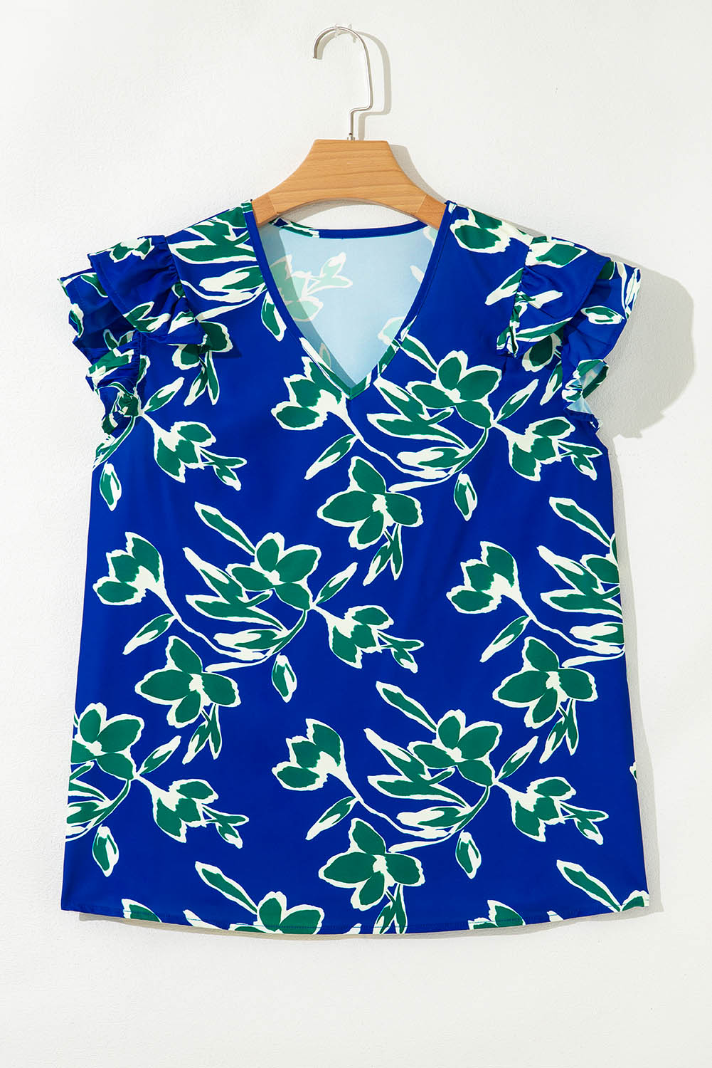 Blue V Neck Floral Print Double Ruffled Short Sleeve Blouse-Tops/Blouses & Shirts-[Adult]-[Female]-2022 Online Blue Zone Planet