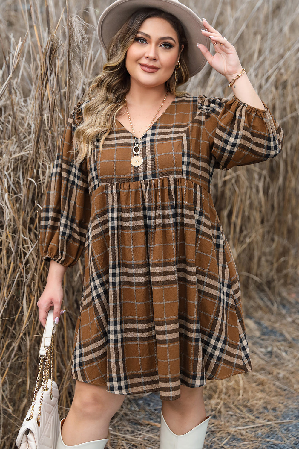 Blue Zone Planet | Brown Printed Plaid V Neck Plus Size Babydoll Dress-TOPS / DRESSES-[Adult]-[Female]-Brown Printed-1X-2022 Online Blue Zone Planet