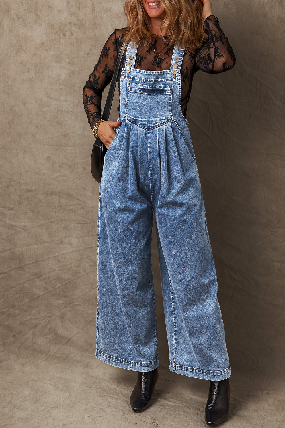 Blue Zone Planet | Light Blue Mineral Wash Buttoned Straps Wide Leg Denim Overalls-Bottoms/Jumpsuits & Rompers-[Adult]-[Female]-2022 Online Blue Zone Planet