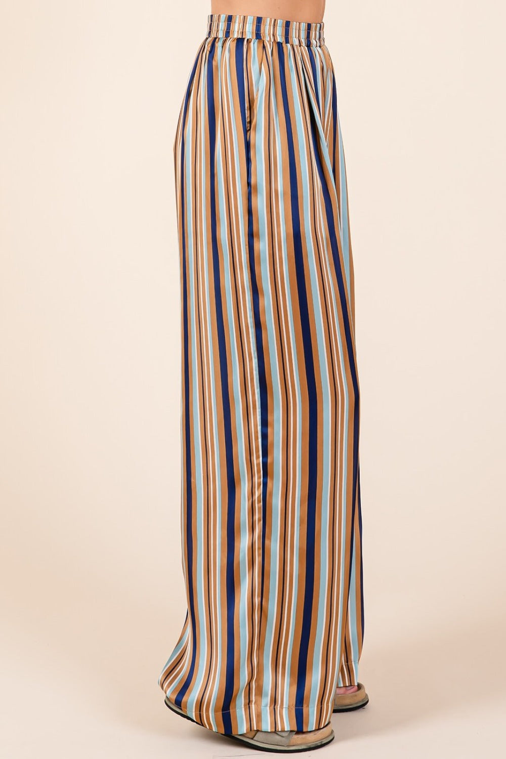 Mittoshop Striped Satin Elastic Waist Wide Leg Pants-[Adult]-[Female]-2022 Online Blue Zone Planet