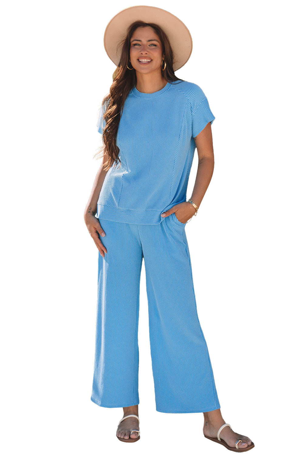 Blue Zone Planet | Blue Solid Corded Knit Short Sleeve T Shirt and Wide Leg Pants Set-Two Piece Sets/Pant Sets-[Adult]-[Female]-2022 Online Blue Zone Planet