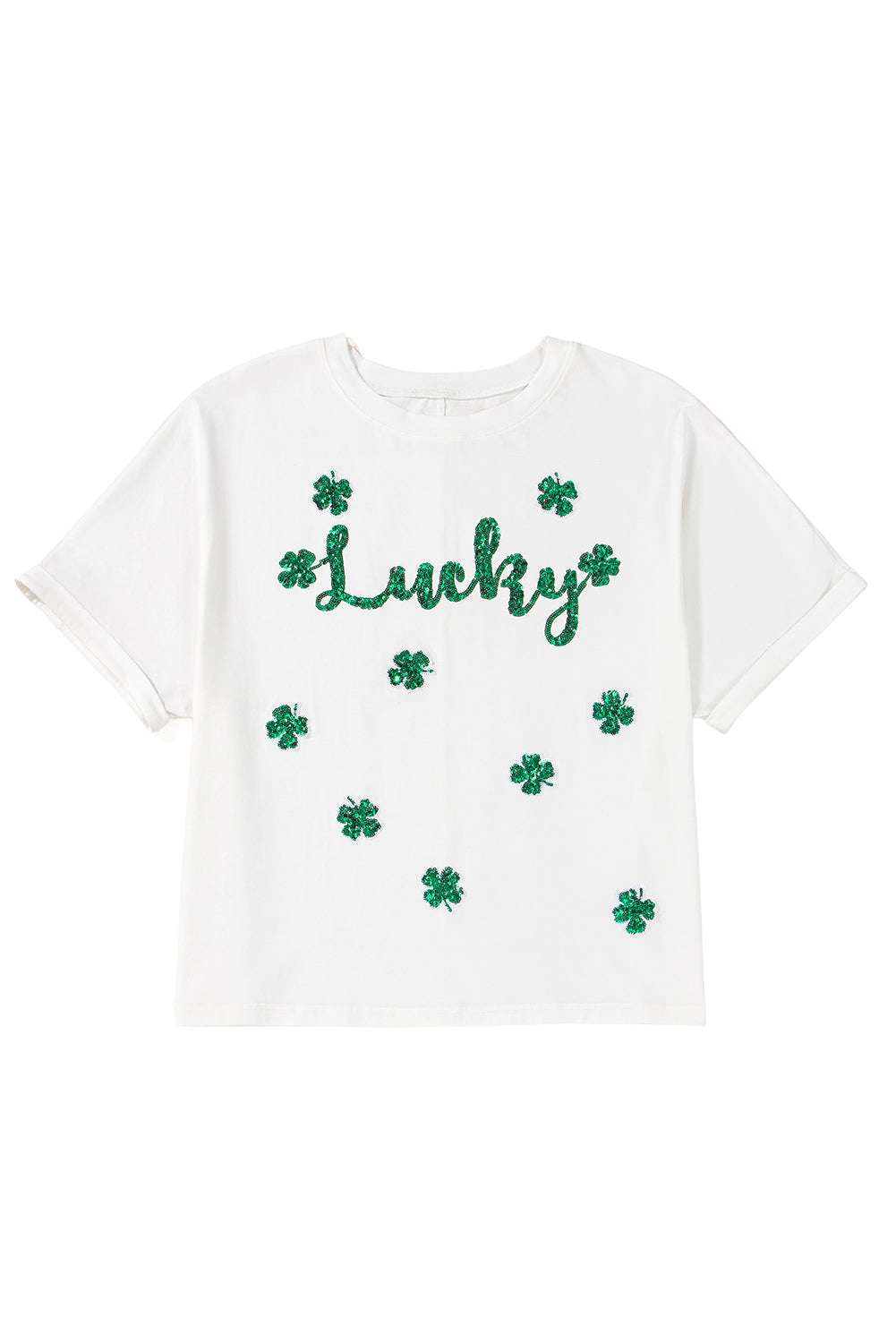 White St Patrick Lucky Clover Sequin Graphic T Shirt-T Shirts-[Adult]-[Female]-2022 Online Blue Zone Planet