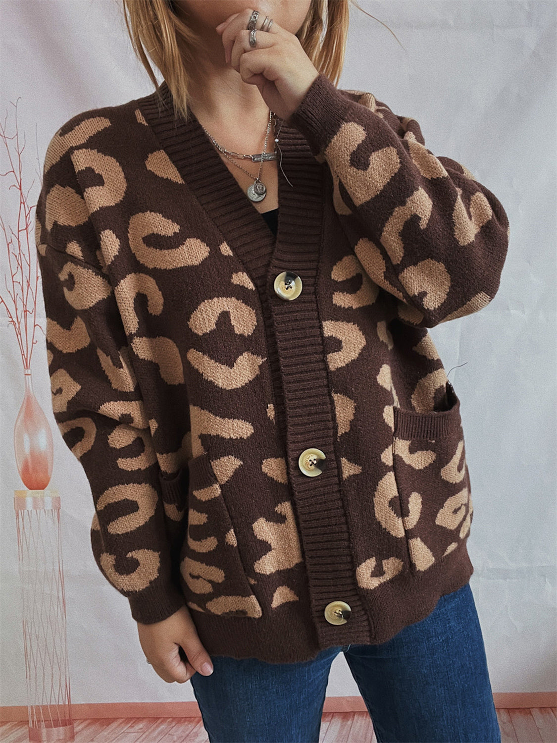 Leopard Button Front Cardigan with Pockets-TOPS / DRESSES-[Adult]-[Female]-2022 Online Blue Zone Planet