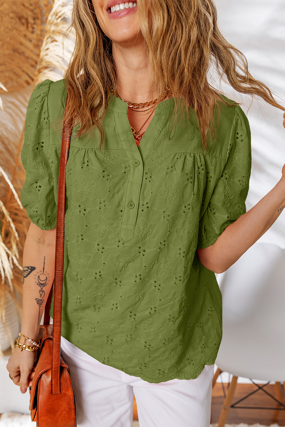 Sky Blue Lace Crochet V Neck Half Sleeve Embroidery Button Down Blouses Casual Shirts-Blouses & Shirts-[Adult]-[Female]-2022 Online Blue Zone Planet