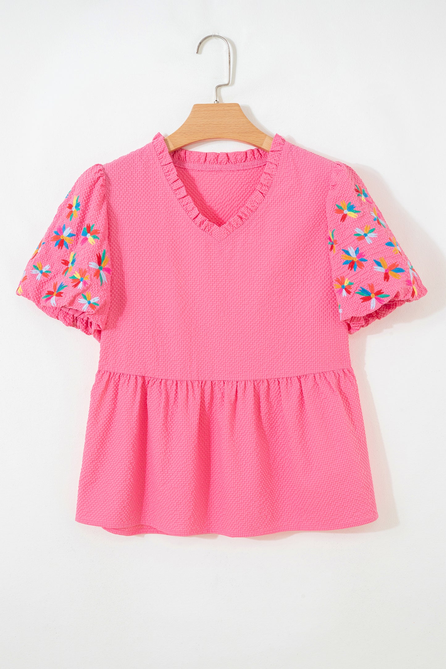 Sachet Pink Frilled V Neck Flower Embroidered Puff Sleeve Textured Blouse-Tops/Blouses & Shirts-[Adult]-[Female]-2022 Online Blue Zone Planet