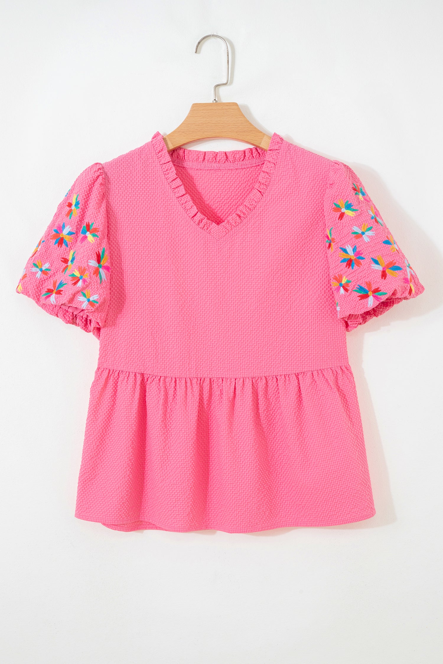 Sachet Pink Frilled V Neck Flower Embroidered Puff Sleeve Textured Blouse-Tops/Blouses & Shirts-[Adult]-[Female]-2022 Online Blue Zone Planet