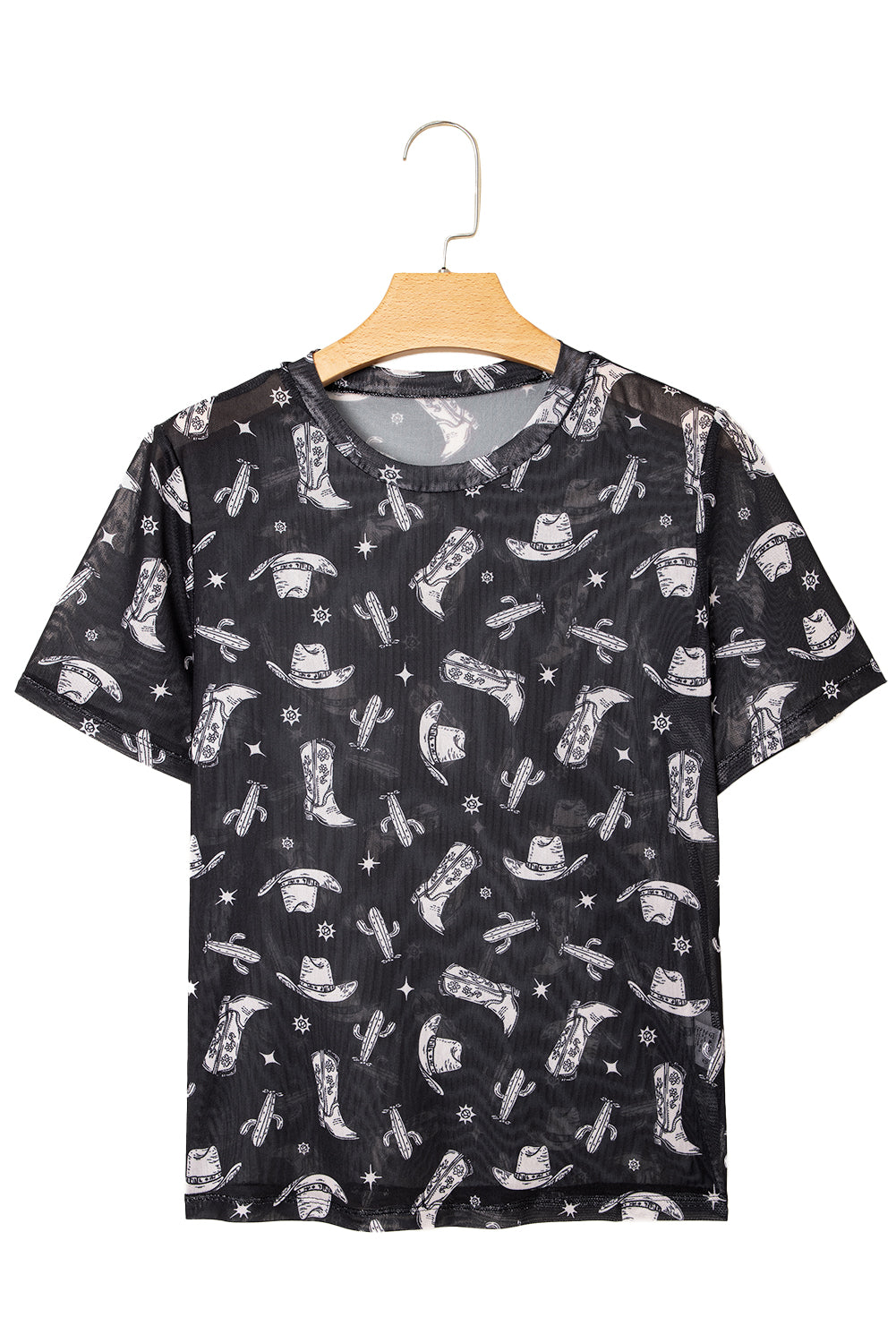 Black Western Pattern Mesh Sheer Crew Neck T Shirt-Tops/Tops & Tees-[Adult]-[Female]-2022 Online Blue Zone Planet