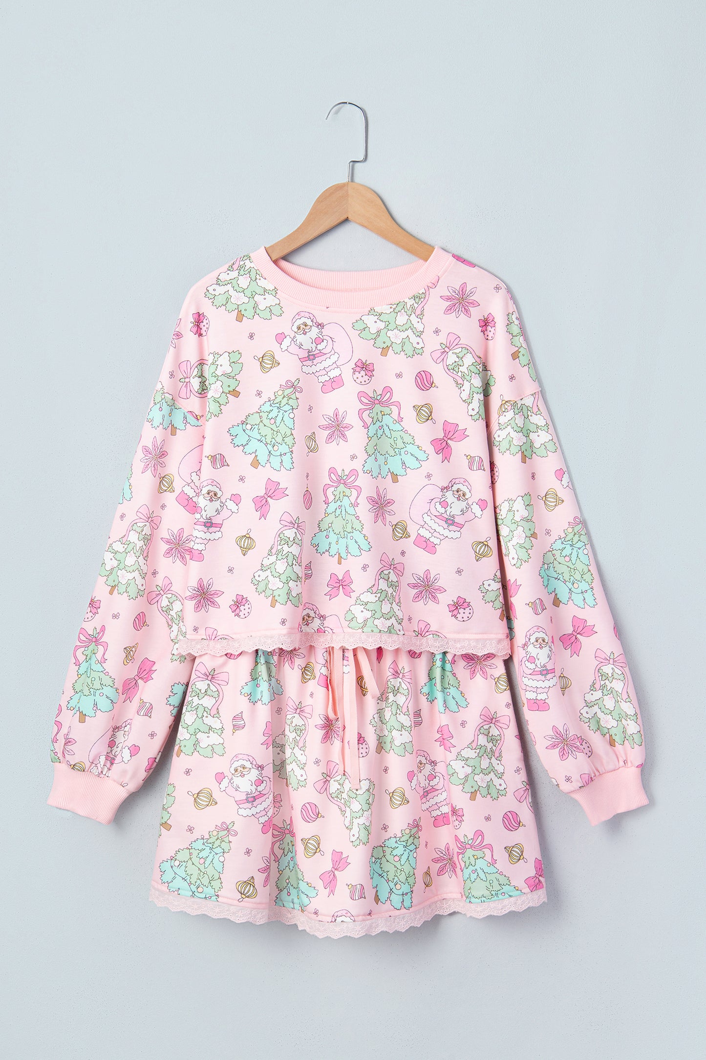 Pink Floral Print Lace Trim Long Sleeve Skirt Set-Two Piece Sets/Two Piece Dresses-[Adult]-[Female]-2022 Online Blue Zone Planet