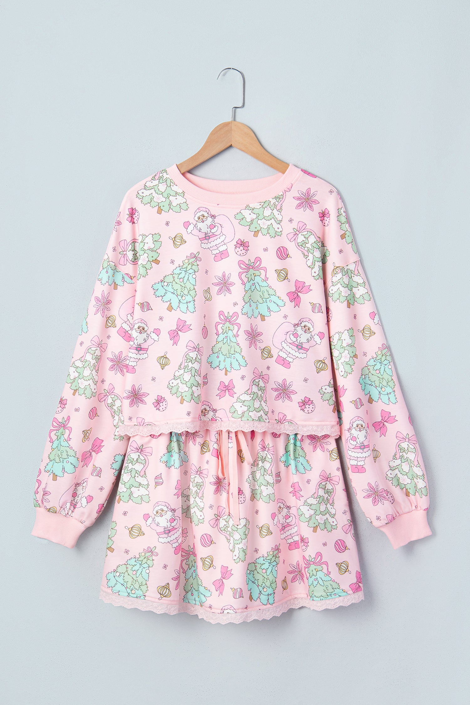 Pink Floral Print Lace Trim Long Sleeve Skirt Set-Two Piece Sets/Two Piece Dresses-[Adult]-[Female]-2022 Online Blue Zone Planet
