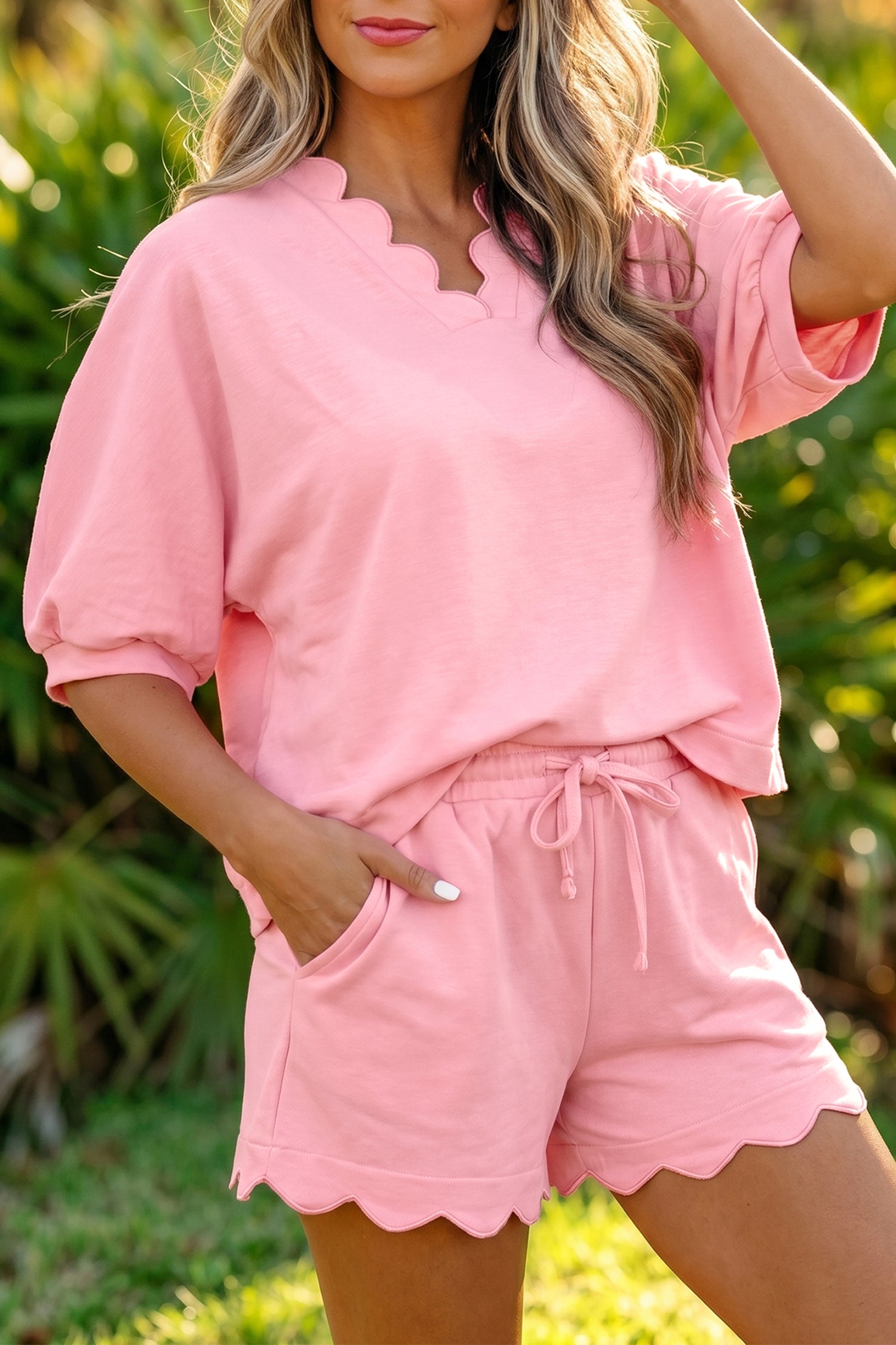 Gossamer Pink Scalloped V Neck Dolman Oversize Top Drawstring Short Set-Two Piece Sets/Short Sets-[Adult]-[Female]-2022 Online Blue Zone Planet