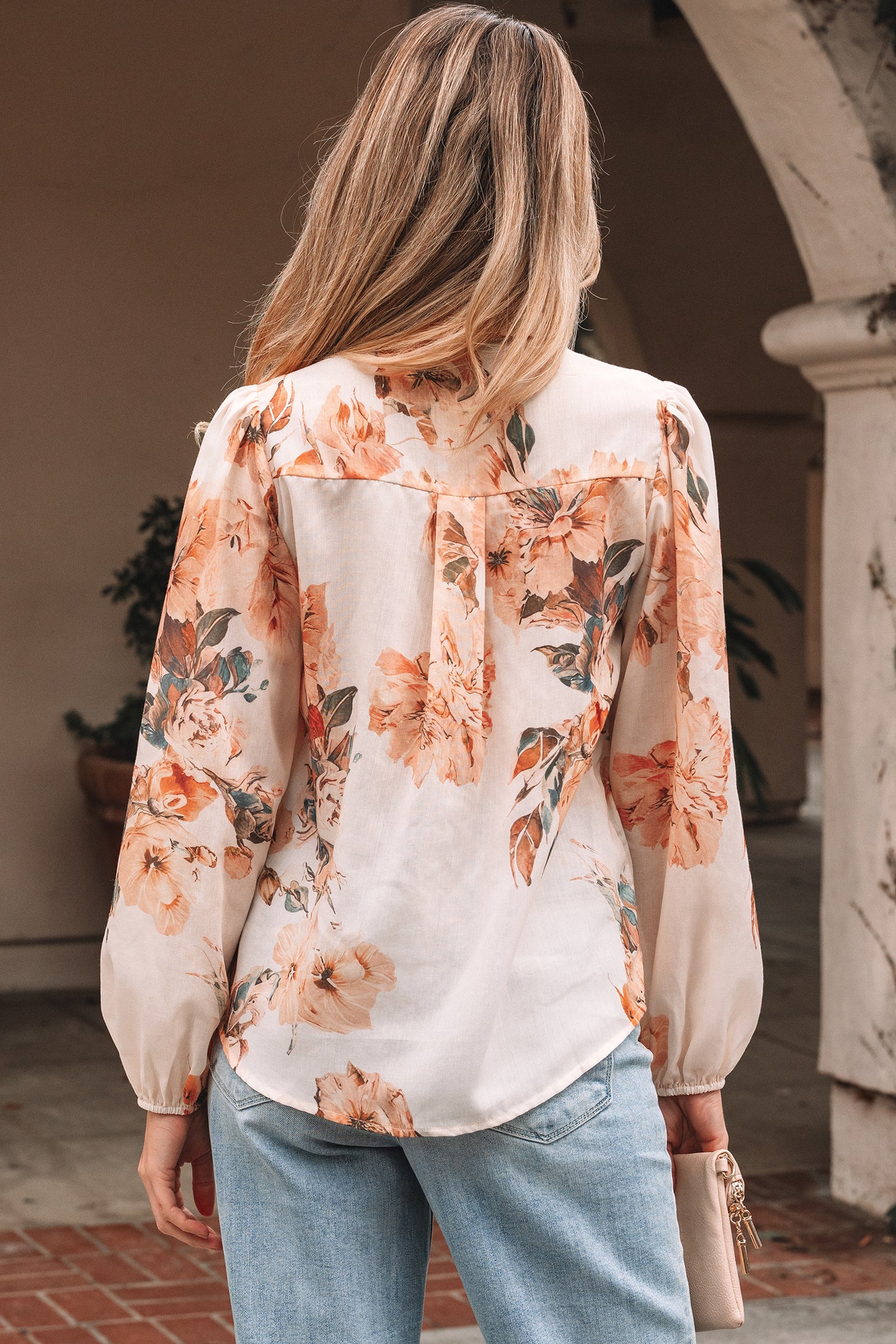 Orange Floral Puff Sleeve Lightweight Shirt-Tops/Blouses & Shirts-[Adult]-[Female]-2022 Online Blue Zone Planet