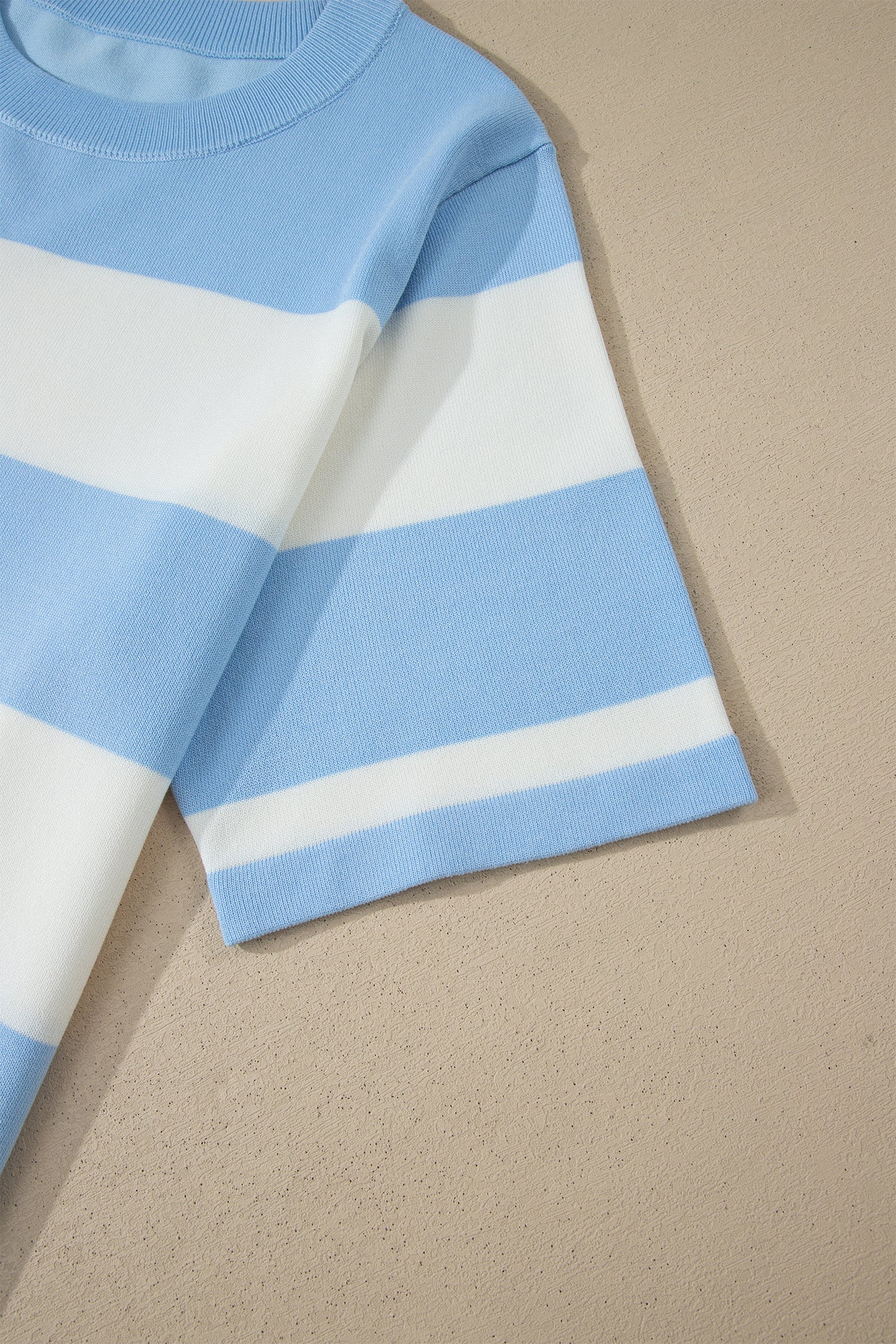 Sky Blue Stripe Colorblock Plus Size Short Sleeve Sweater-Plus Size/Plus Size Sweaters & Cardigans-[Adult]-[Female]-2022 Online Blue Zone Planet