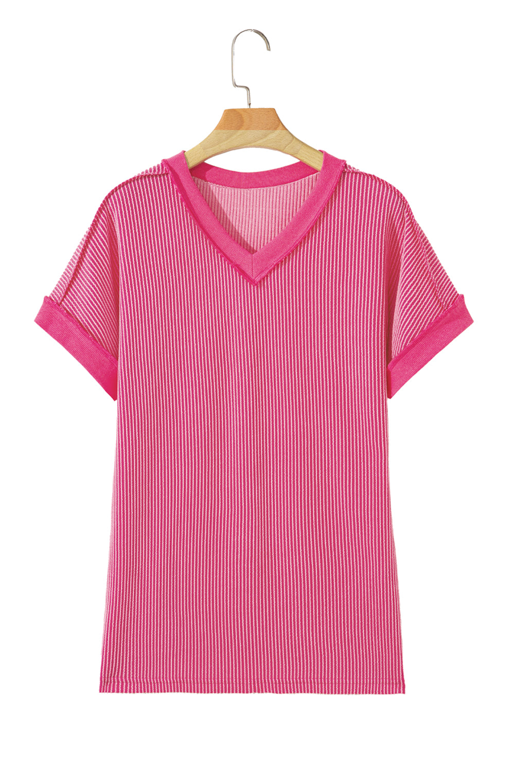 Rose Red Twisted Ribbed Knit V Neck Casual Tee-Tops/Tops & Tees-[Adult]-[Female]-2022 Online Blue Zone Planet
