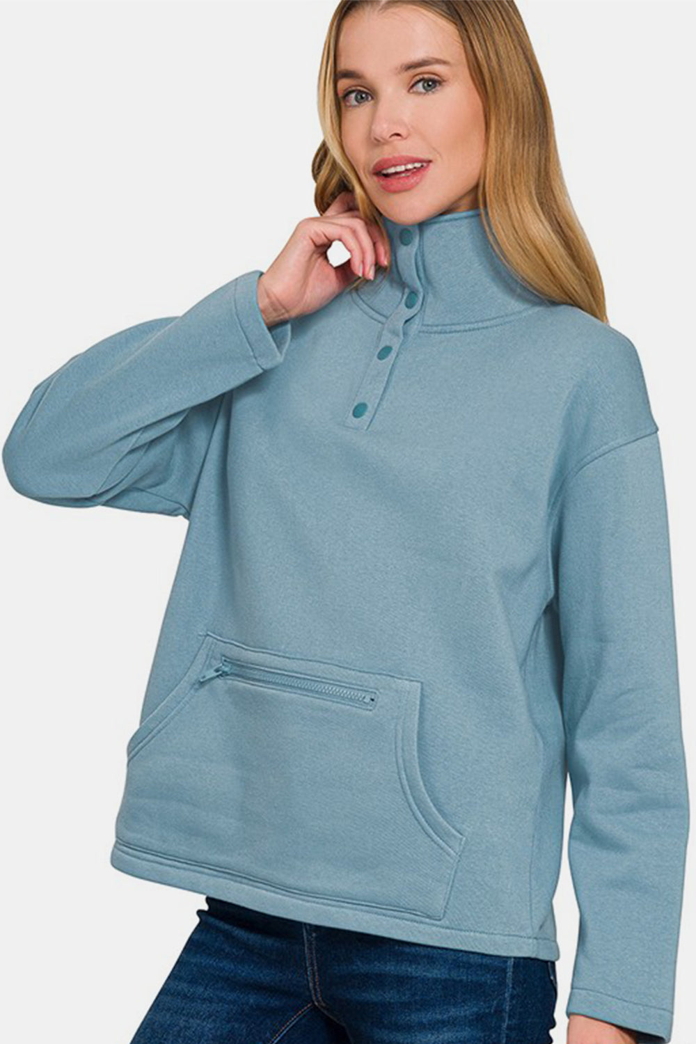 Zenana Turtleneck Half Snap Fleece Sweatshirt-TOPS / DRESSES-[Adult]-[Female]-2022 Online Blue Zone Planet