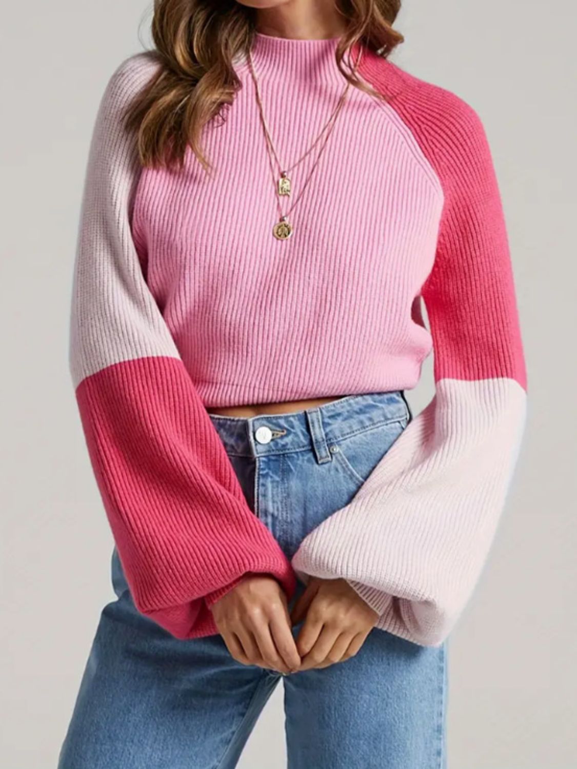 Blue Zone Planet | Contrast Mock Neck Long Sleeve Sweater-TOPS / DRESSES-[Adult]-[Female]-Blush Pink-S-2022 Online Blue Zone Planet