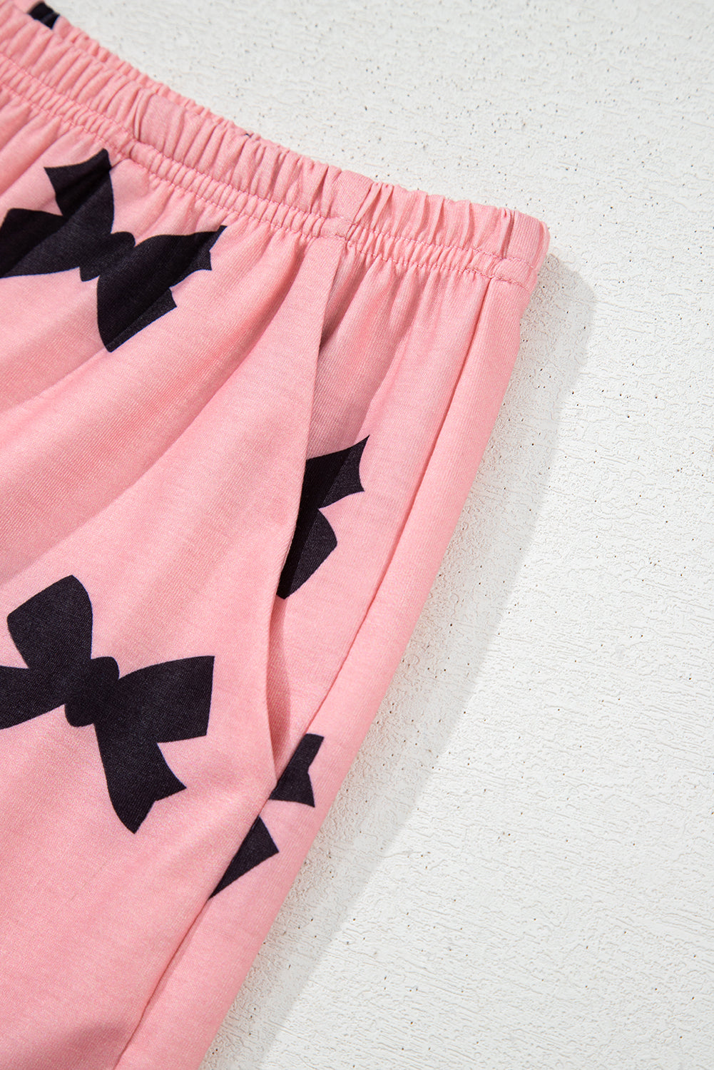 Pink Allover Bow Print Pockets Cropped Pajama Set-Loungewear Set-[Adult]-[Female]-2022 Online Blue Zone Planet
