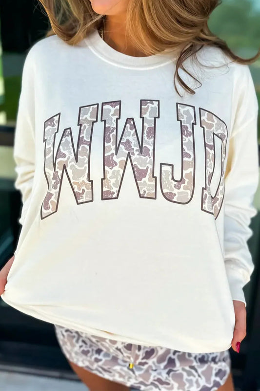 White WWJD Camo Letter Printed Long Sleeve Top-Graphic/Graphic Long Sleeve Tees-[Adult]-[Female]-White-S-2022 Online Blue Zone Planet
