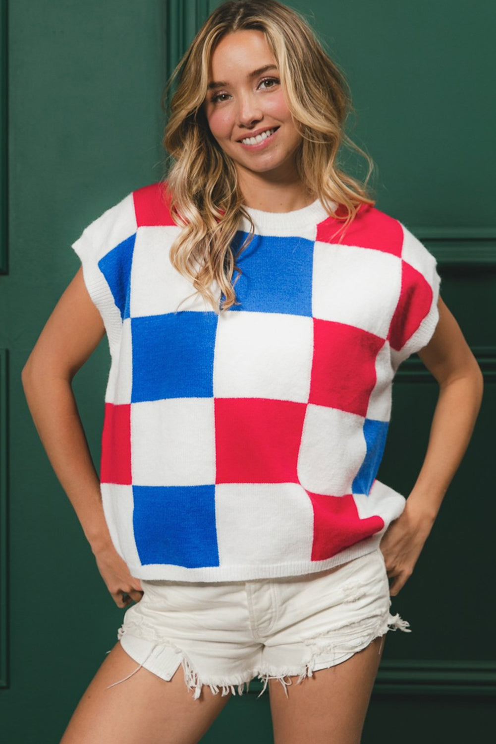 Tillandsia Purple Checkered Color Block Cap Sleeve Mardi Gras Knitted Top-Knit Tops-[Adult]-[Female]-2022 Online Blue Zone Planet