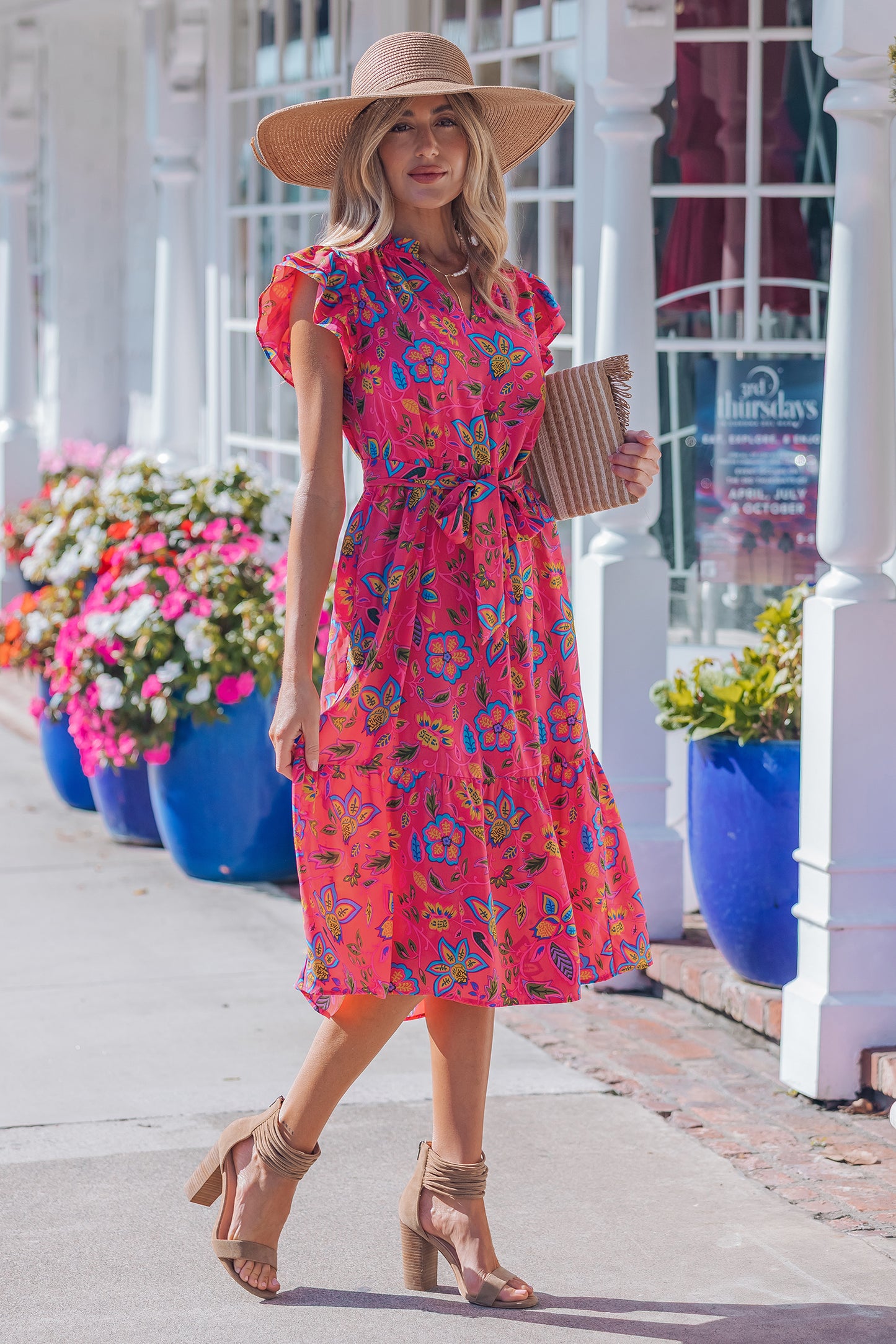Rose Flutter Sleeve Belted Floral Long Dress-TOPS / DRESSES-[Adult]-[Female]-2022 Online Blue Zone Planet