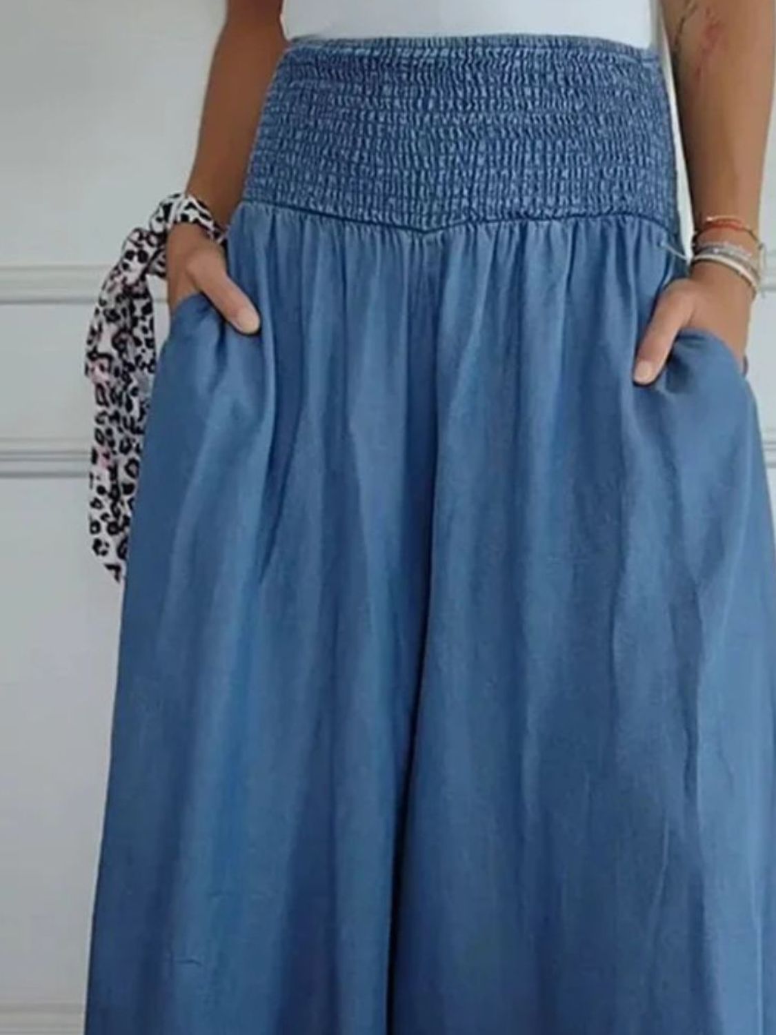 Full Size Smocked Wide Leg Pants with Pockets-BOTTOMS SIZES SMALL MEDIUM LARGE-[Adult]-[Female]-2022 Online Blue Zone Planet