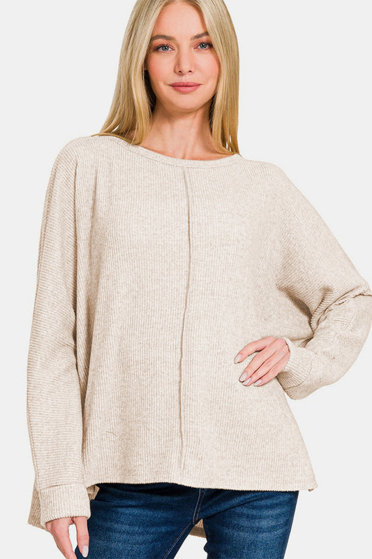 Blue Zone Planet | Zenana High-Low Side Slit Round Neck T-Shirt-TOPS / DRESSES-[Adult]-[Female]-Sand Beige-S/M-2022 Online Blue Zone Planet