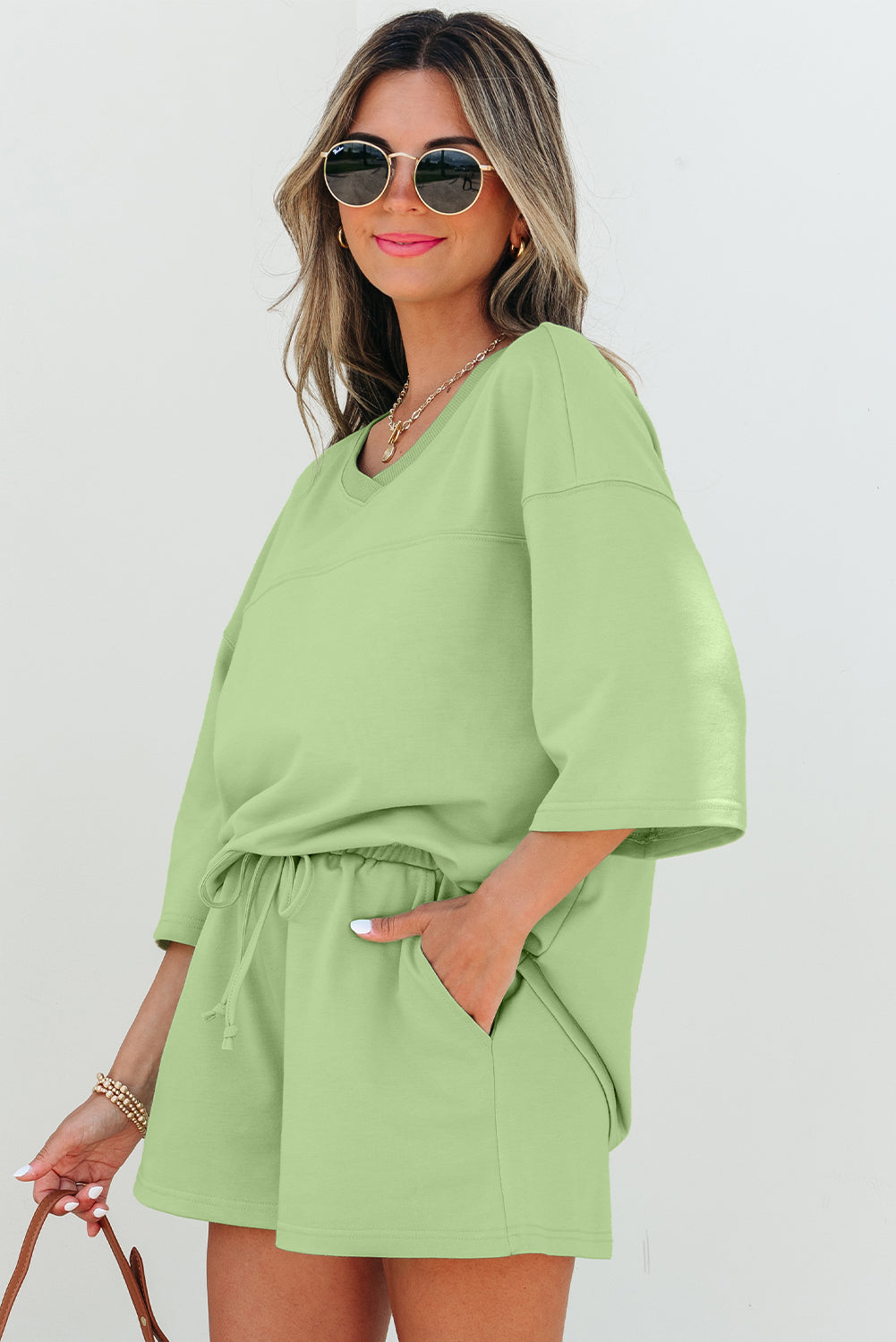 Meadow Mist Green Solid Loose V Neck Half Sleeve Tee and Shorts-Two Piece Sets/Short Sets-[Adult]-[Female]-2022 Online Blue Zone Planet
