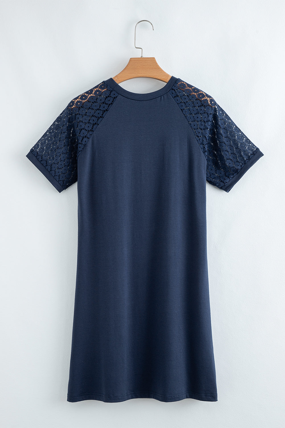 Navy Blue Contrast Lace Raglan Sleeve Pleated Detail Shift Dress-TOPS / DRESSES-[Adult]-[Female]-2022 Online Blue Zone Planet