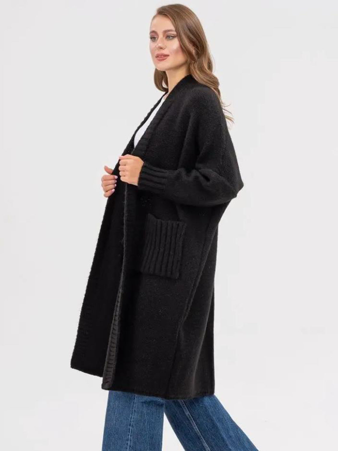 Pocketed Open Front Long Sleeve Longline Cardigan-TOPS / DRESSES-[Adult]-[Female]-2022 Online Blue Zone Planet