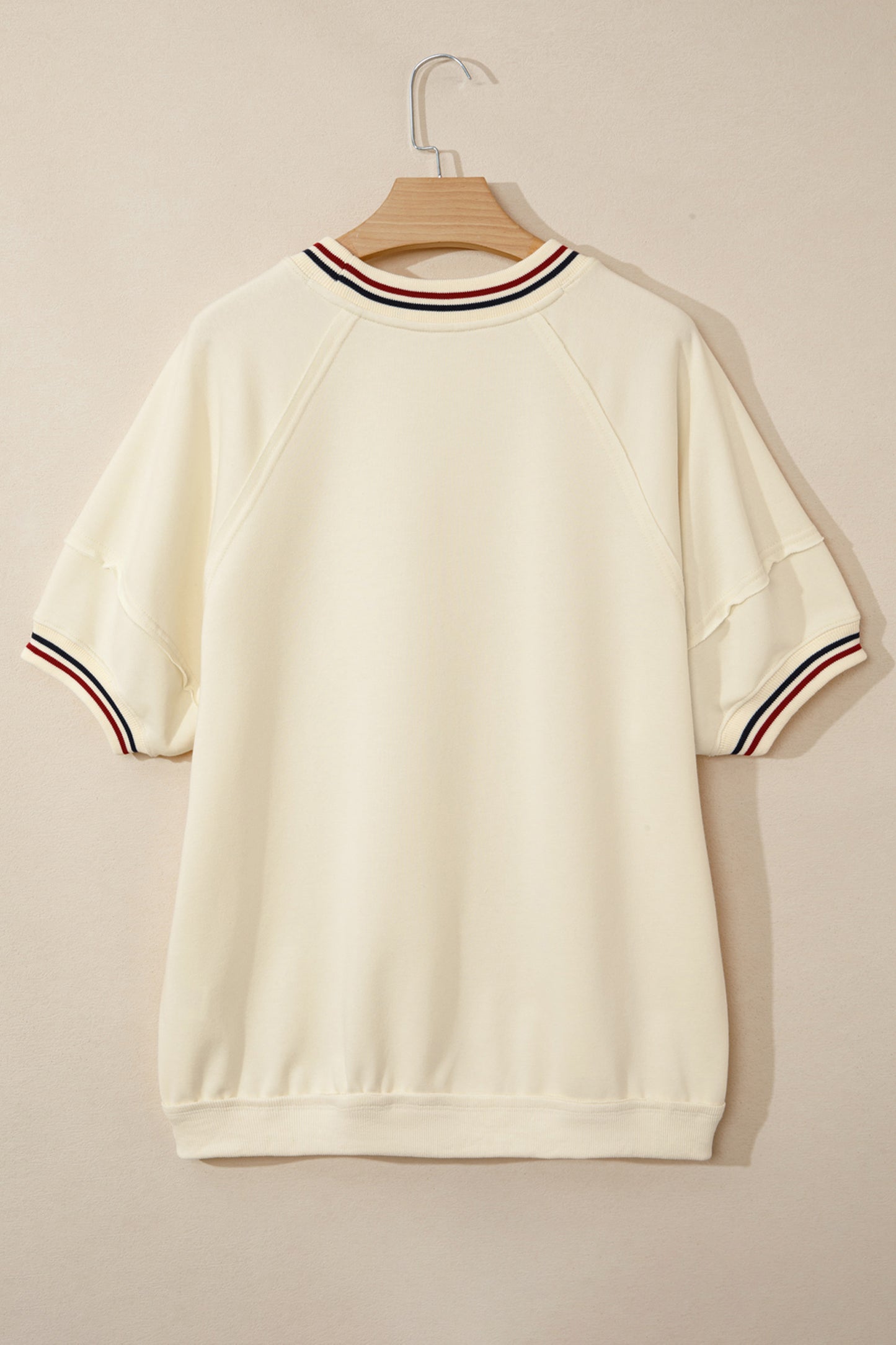 Beige Contrast Varsity Striped Neckline Cuffed Short Sleeve Loose Tunic Top-Tops/Tops & Tees-[Adult]-[Female]-2022 Online Blue Zone Planet