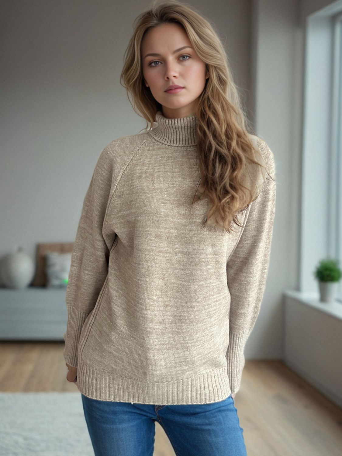 Blue Zone Planet | Turtleneck Raglan Sleeve Sweater-TOPS / DRESSES-[Adult]-[Female]-Khaki-One Size-2022 Online Blue Zone Planet