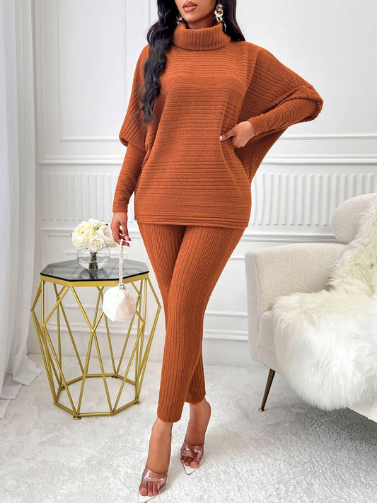 Blue Zone Planet | Turtleneck Batwing Sleeve Top and Pants Set-TOPS / DRESSES-[Adult]-[Female]-Terracotta-M-2022 Online Blue Zone Planet