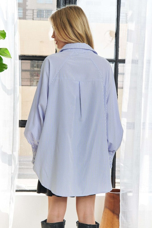 ADORA High-Low Striped Button Down Smocked Lantern Sleeve Shirt-TOPS / DRESSES-[Adult]-[Female]-2022 Online Blue Zone Planet