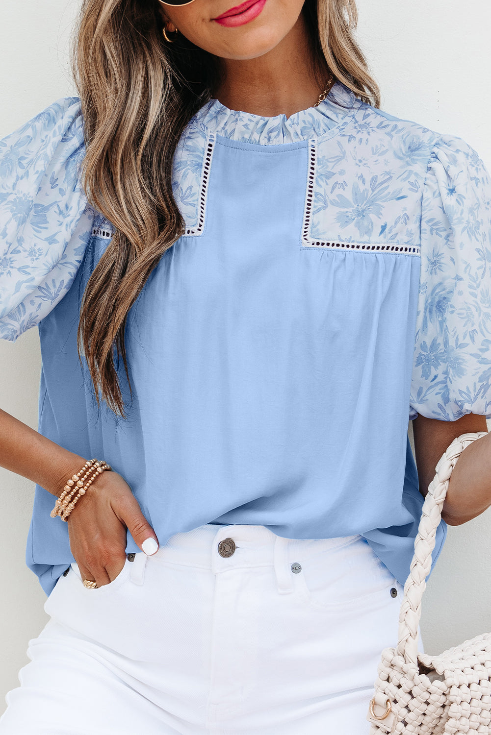 Beau Blue Lace Insert Floral Puff Sleeve Patchwork Loose Blouse-Tops/Blouses & Shirts-[Adult]-[Female]-2022 Online Blue Zone Planet