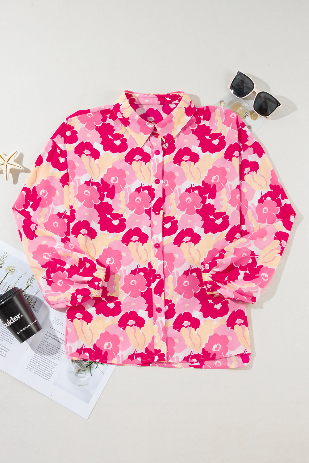 Pink Blooming Floral Print Puff Sleeve Buttoned Shirt-Tops/Blouses & Shirts-[Adult]-[Female]-2022 Online Blue Zone Planet