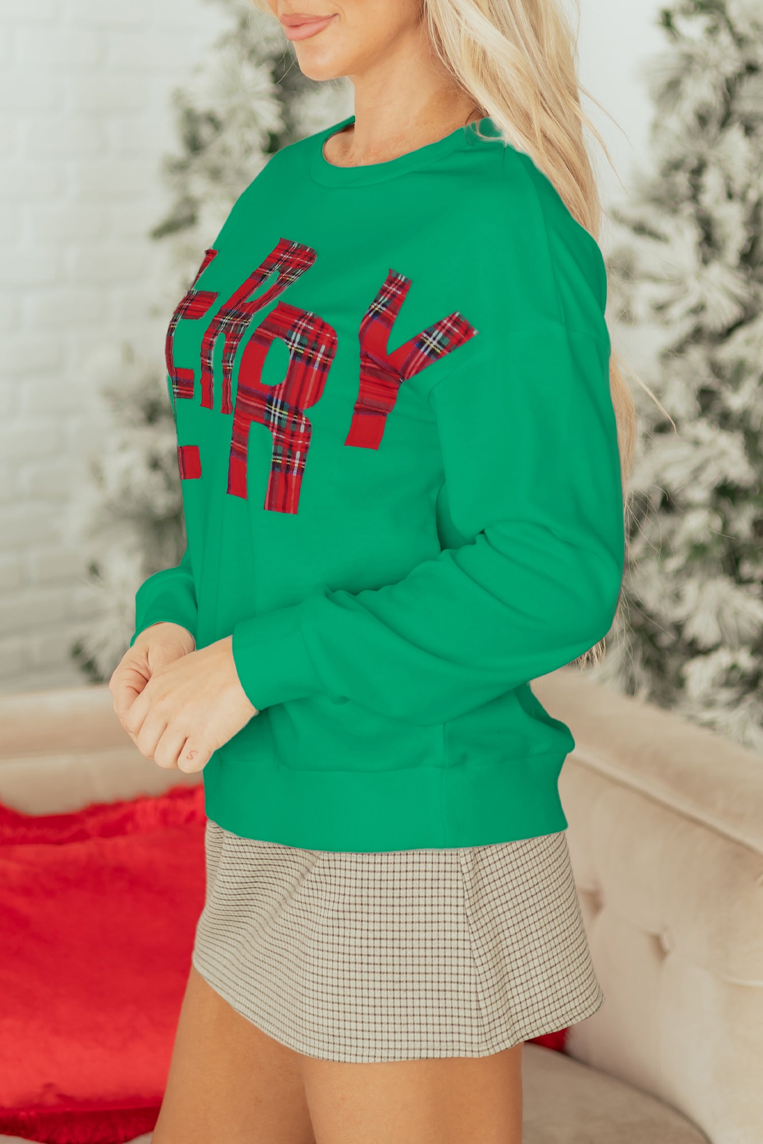 Sea Green Plaid MERRY Christmas Vacation Sweatshirt-Tops/Sweatshirts & Hoodies-[Adult]-[Female]-2022 Online Blue Zone Planet