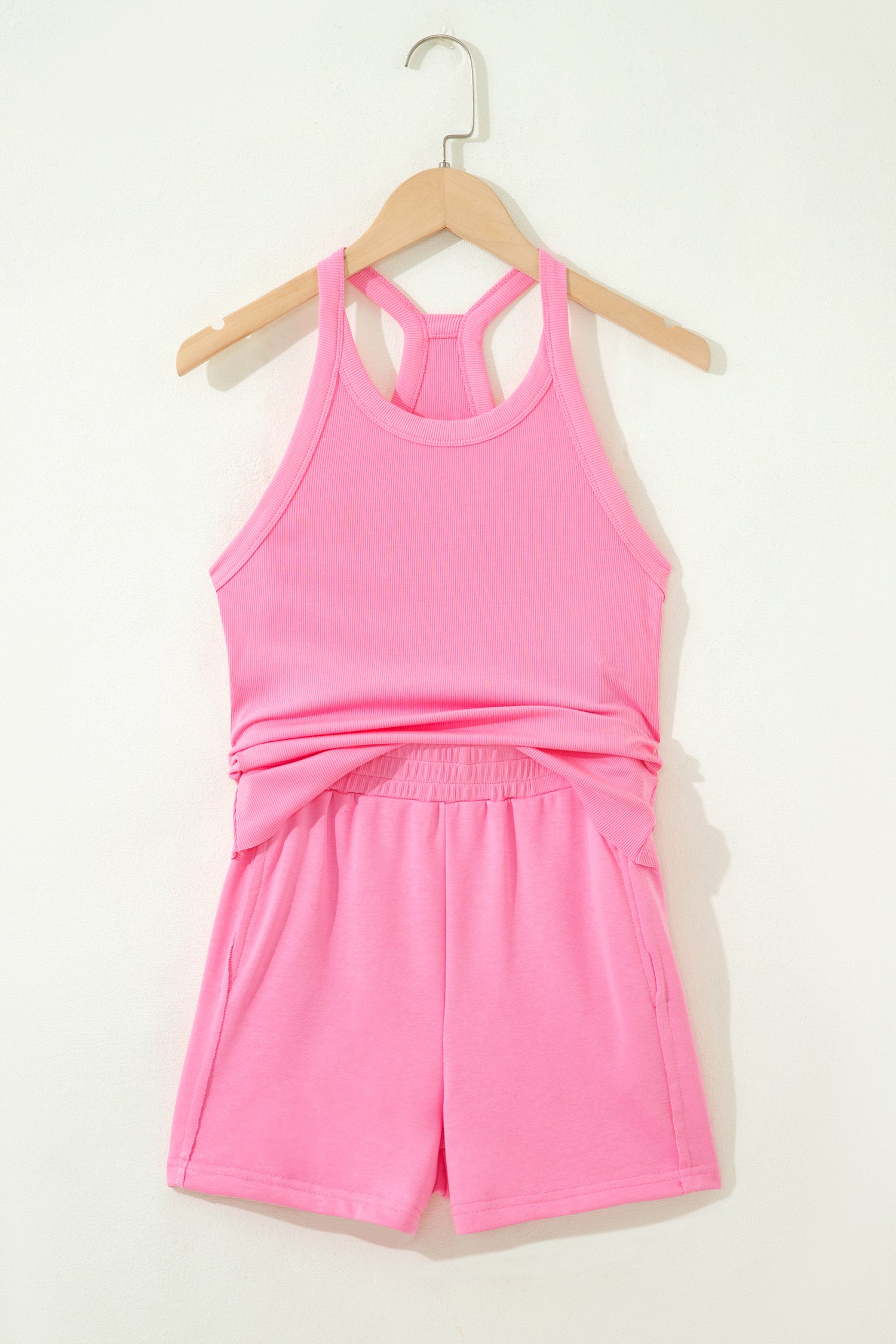 Sachet Pink Slim Tank Top Elastic High Waist Shorts 2pcs Outfit-Two Piece Sets/Short Sets-[Adult]-[Female]-2022 Online Blue Zone Planet