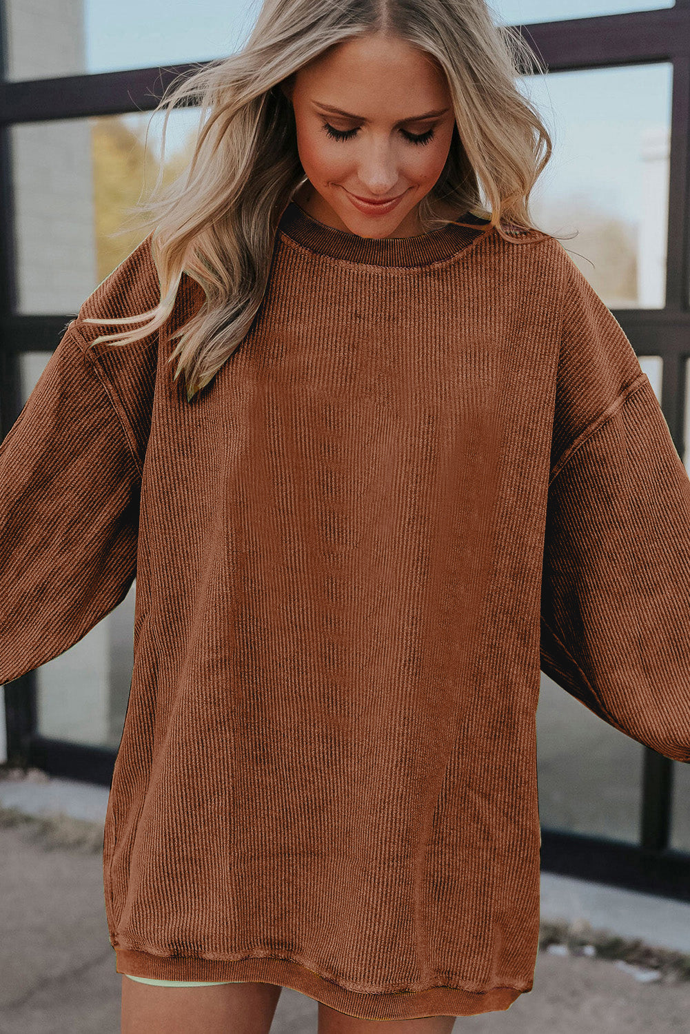 Chestnut Ribbed Corduroy Oversized Sweatshirt-Tops/Sweatshirts & Hoodies-[Adult]-[Female]-2022 Online Blue Zone Planet