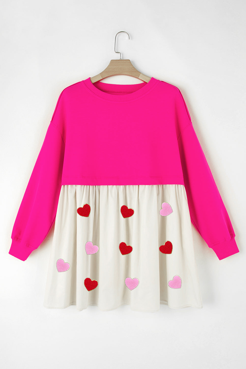 Rose Red Chenille Heart Graphic Patchwork Hem Mini Sweatshirt Dress-Graphic Apparel-[Adult]-[Female]-2022 Online Blue Zone Planet