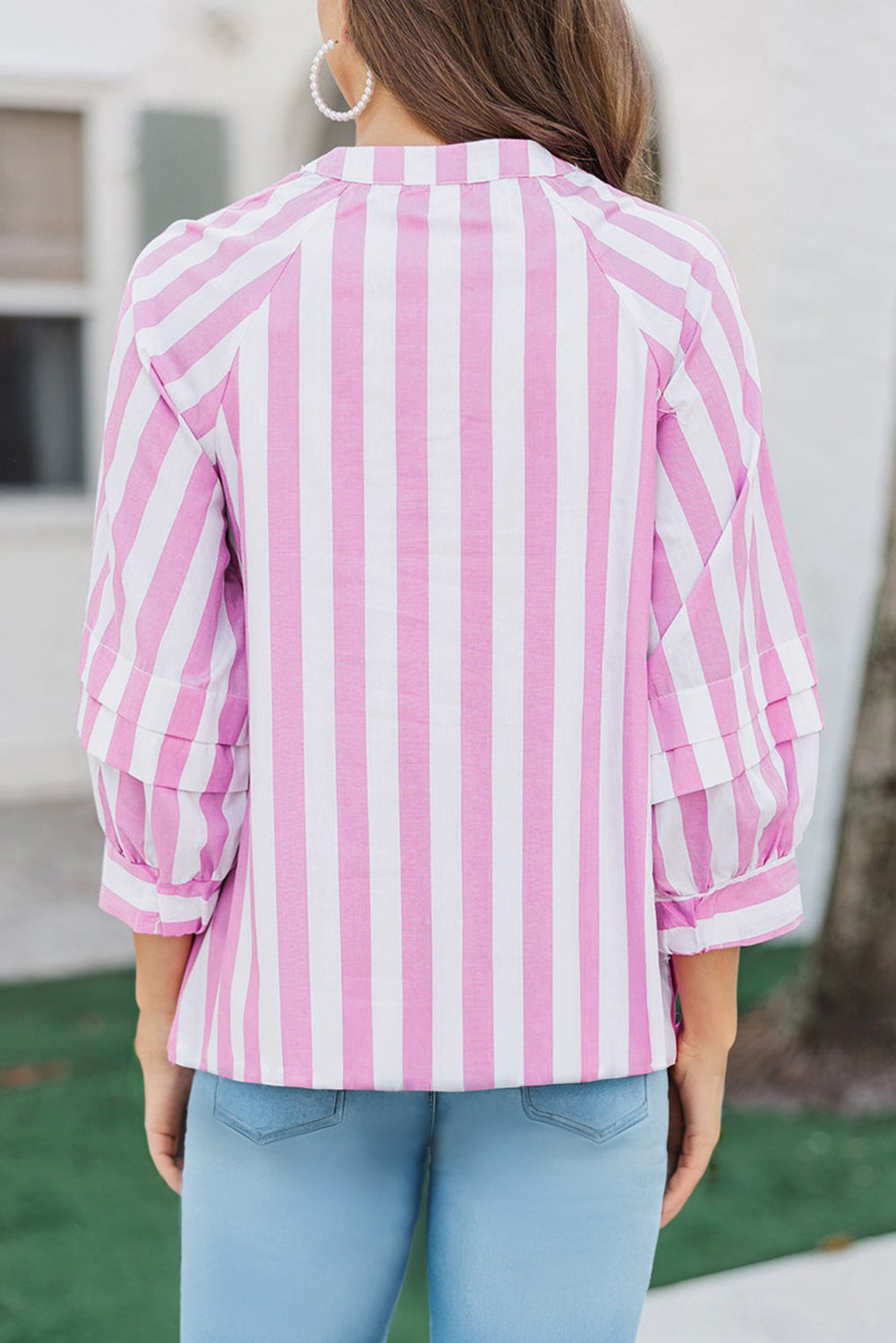 Rose Stripe Split Neck Button Decor Front Puff Sleeve Blouse-Tops/Blouses & Shirts-[Adult]-[Female]-2022 Online Blue Zone Planet