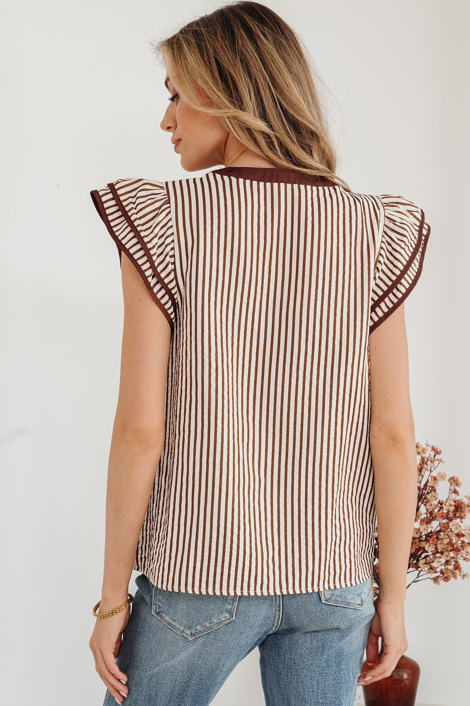 Khaki Stripe Double Ruffled Short Sleeve V Neck Blouse-Tops/Blouses & Shirts-[Adult]-[Female]-2022 Online Blue Zone Planet