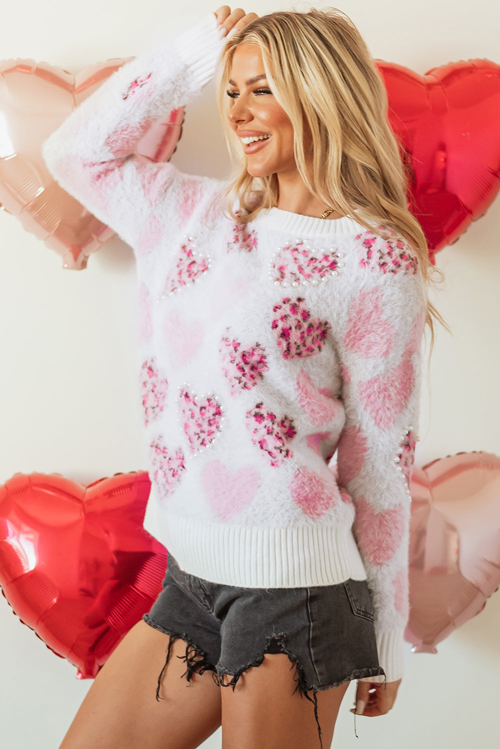 Blue Zone Planet | Pink Heart Leopard Print Pearled Ribbed Trim Fuzzy Sweater-Sweaters & Cardigans/Sweaters-[Adult]-[Female]-2022 Online Blue Zone Planet