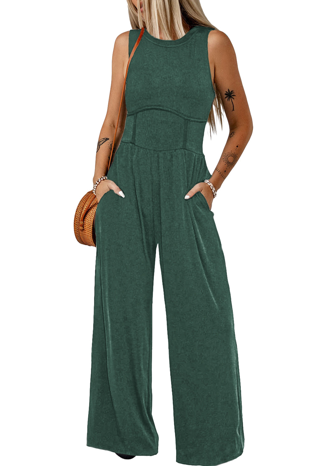 Black Cinched Waist Sleeveless Wide Leg Jumpsuit Blue Zone Planet