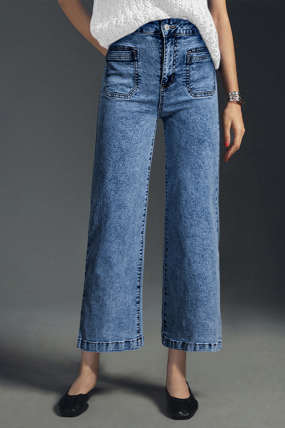 Light Blue Chic Patch Pocket Straight Leg Loose Jeans-Bottoms/Jeans-[Adult]-[Female]-Sky Blue-4-2022 Online Blue Zone Planet