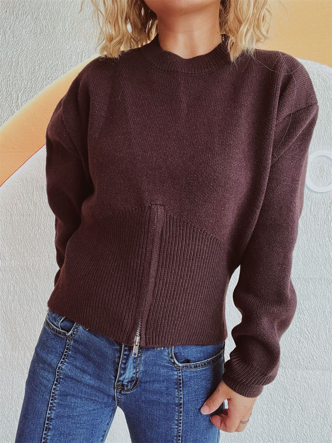 Round Neck Half Zip Long Sleeve Sweater-TOPS / DRESSES-[Adult]-[Female]-Chocolate-One Size-2022 Online Blue Zone Planet