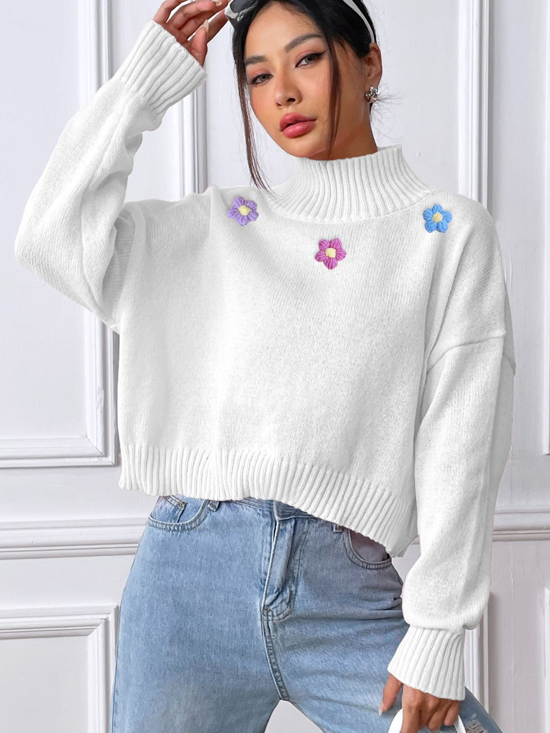 Blue Zone Planet | Flower Turtleneck Long Sleeve Sweater-TOPS / DRESSES-[Adult]-[Female]-2022 Online Blue Zone Planet